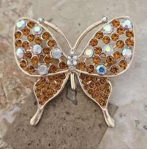 Butterfly Brooch Pin AB Cyrstals Rhinestones Gold Tone